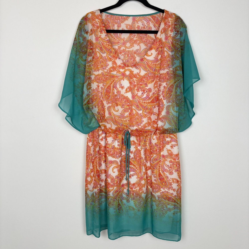 Bisou Bisou Women Paisley Butterfly Sleeve Dress Size 14 Orange Teal Boho Summer